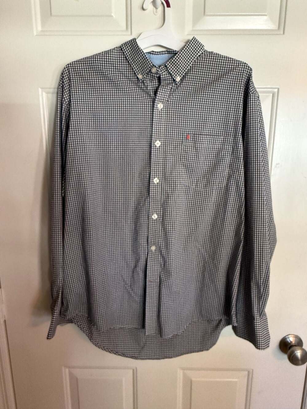 IZOD Non-Iron Stretch Blue and White Gingham Button Down Shirt Men's Large